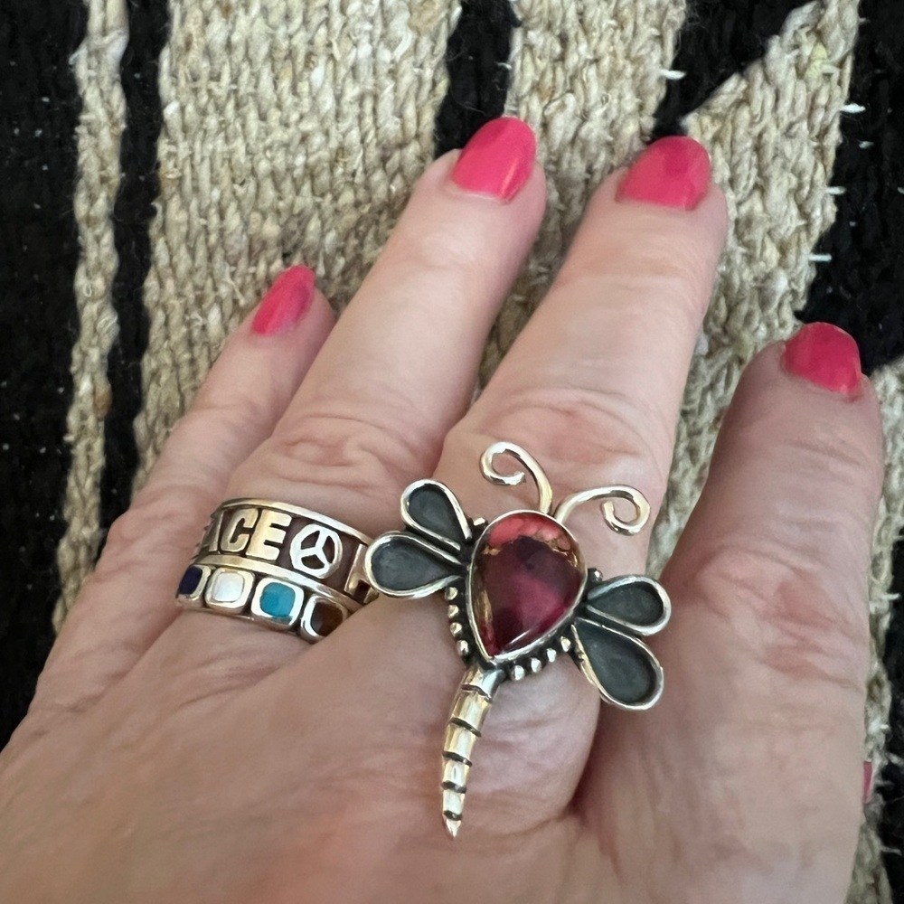 ❤️ Red Dahlia Kingman Turquoise 925 Dragonfly Ring Navajo Southwestern Size 7.75